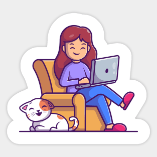 Women working on laptop with cat cartoon Sticker